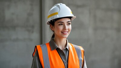 Smiling woman in hard hat and vest