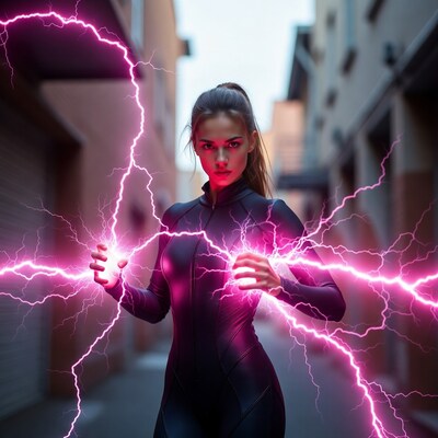 Woman wielding purple lightning bolts