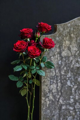 Red Roses Against Stone Tombstone