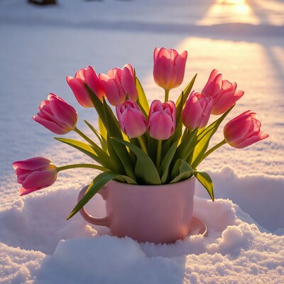 Pink tulips in mug on snow
