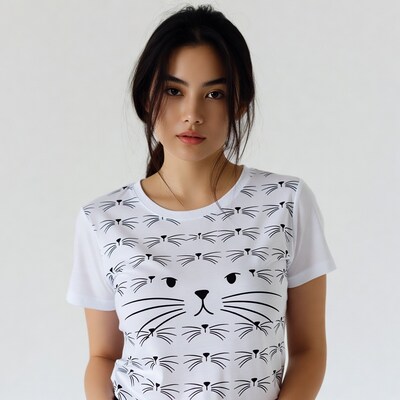 Asian woman in cat print t-shirt