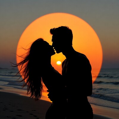 Silhouette couple kissing at sunset beach