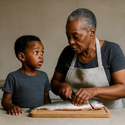 Grandmother filleting fish with grandson