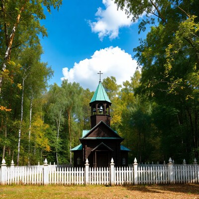 Wooden Church in Forest with Picket Fence