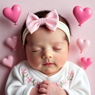 Newborn baby girl sleeping with pink hearts
