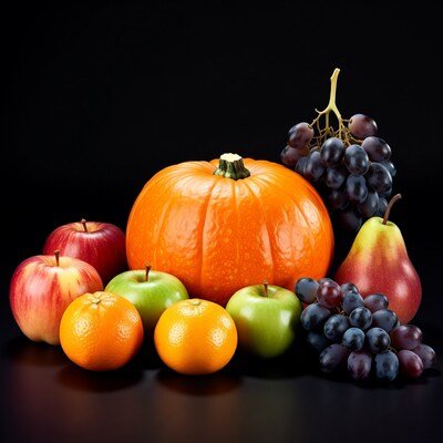 Assortment of fruits and pumpkin on black