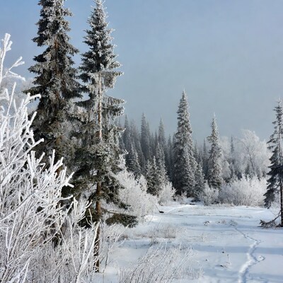 Snow-covered pine trees in winter forest
