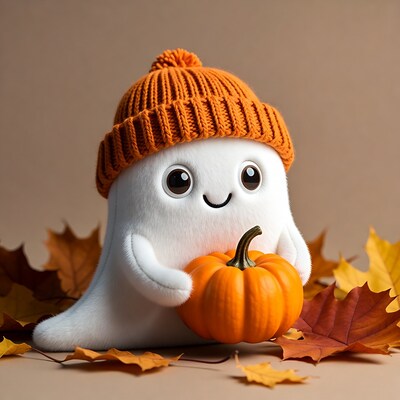 Cute ghost holding pumpkin with beanie