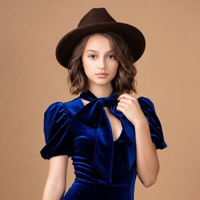 Girl in blue velvet dress with fedora hat