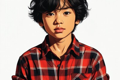 Asian boy in plaid shirt illustration