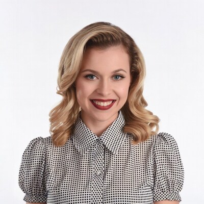 Blonde woman in polka dot blouse smiling