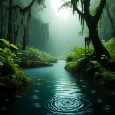 Rain Ripples in Misty Forest Stream