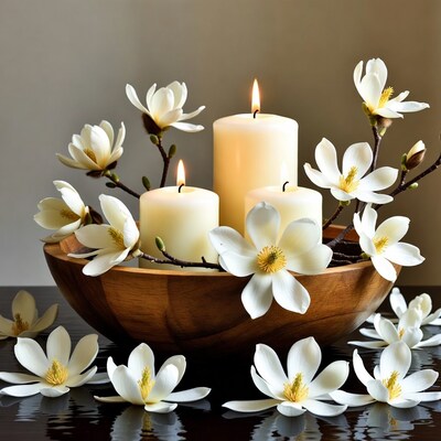White Magnolias and Candles in Wooden Bowl