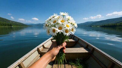 Hand holding daisies in boat on lake