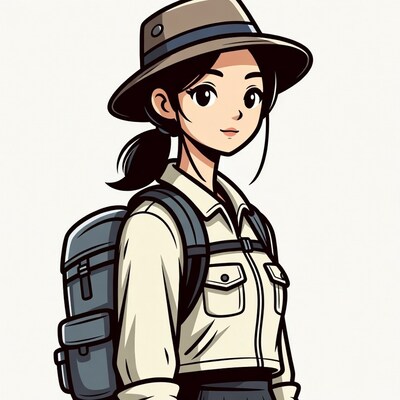Asian girl in hat with backpack
