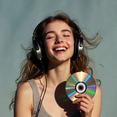Smiling girl with headphones holding CD