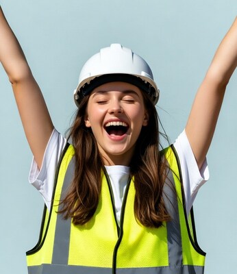 Happy woman in hard hat raising arms