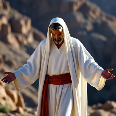 Man in white robe with arms outstretched
