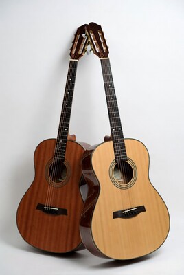 Two Acoustic Guitars on White Wall