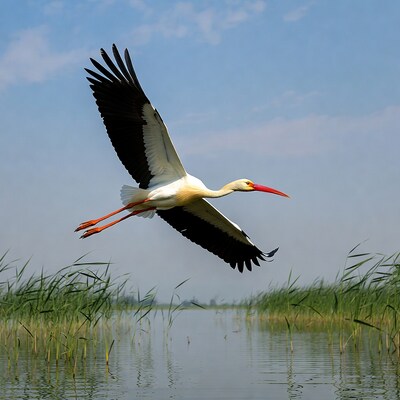 White Stork Flying over Marsh
