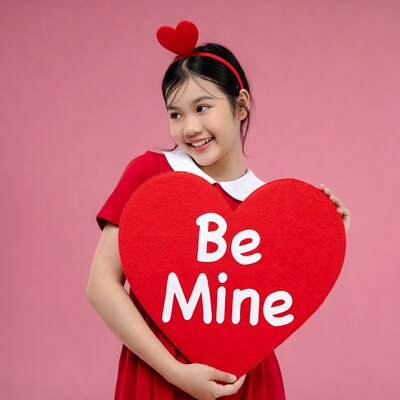 Asian girl holding Be Mine heart sign