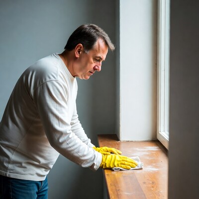 Man cleaning window sill with rag