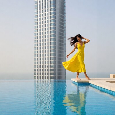 Woman in yellow dress on infinity pool edge