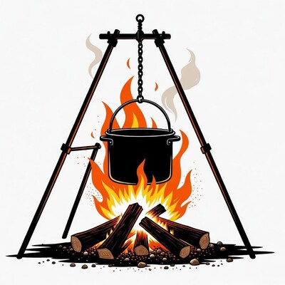 Campfire with pot over flames