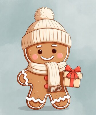 Gingerbread man holding gift