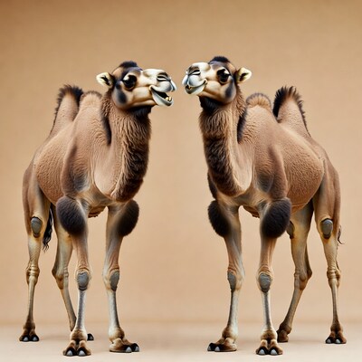 Two dromedary camels nuzzling noses