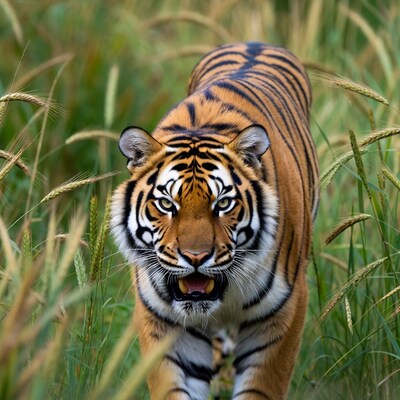 Tiger roaring in tall grass