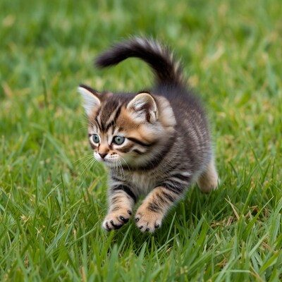 Kitten running on green grass