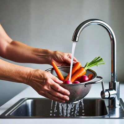 Woman washing carrots in sink