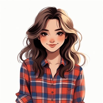 Smiling Asian woman in plaid shirt illustration