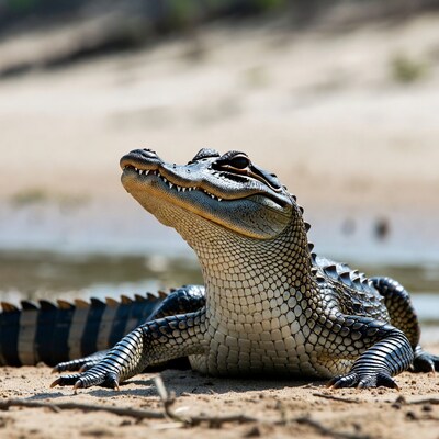 Alligator on sandy riverbank