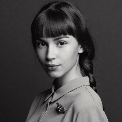 Woman with bangs and braid wearing brooch
