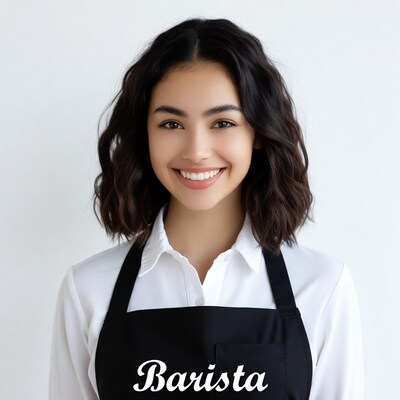 Smiling Barista Woman in Black Apron
