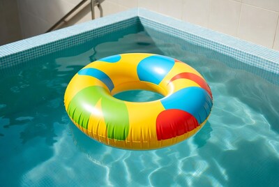 Colorful inflatable ring in swimming pool