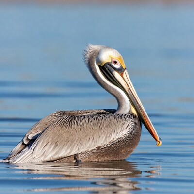 Brown pelican swimming in blue water