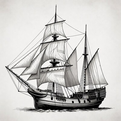 Sailing Ship Illustration on Sea
