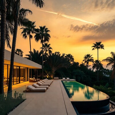 Modern infinity pool villa at sunset