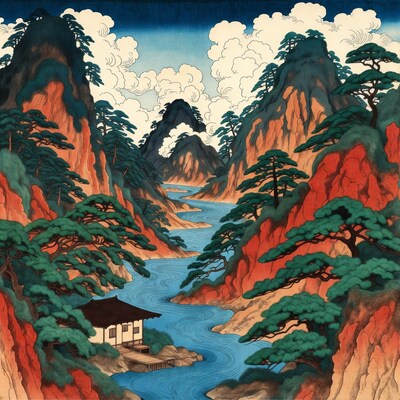 Japanese woodblock print of mountain river valley