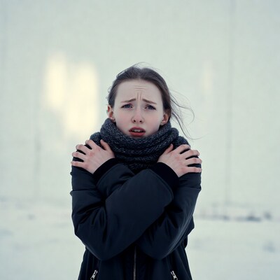Young woman shivering in winter coat