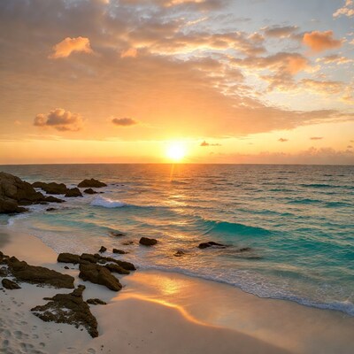 Sunset over rocky beach