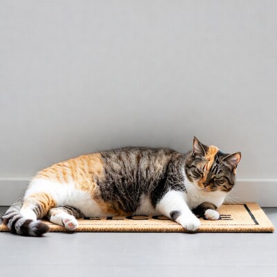Calico cat lying on welcome mat