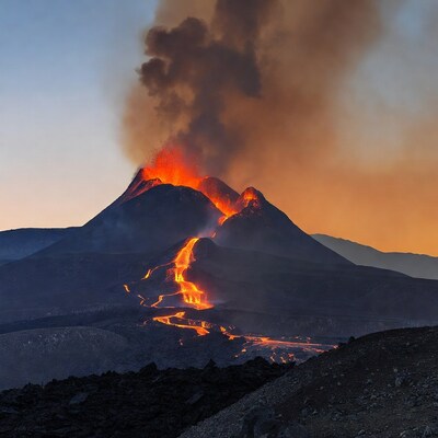 Erupting volcano at sunset