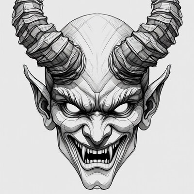 Demonic Skull with Horns and Fangs