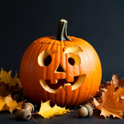 Jack-o-lantern with fall leaves
