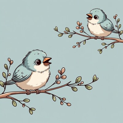 Cute blue birds on branches