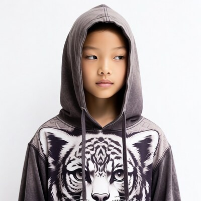 Asian boy in tiger hoodie
